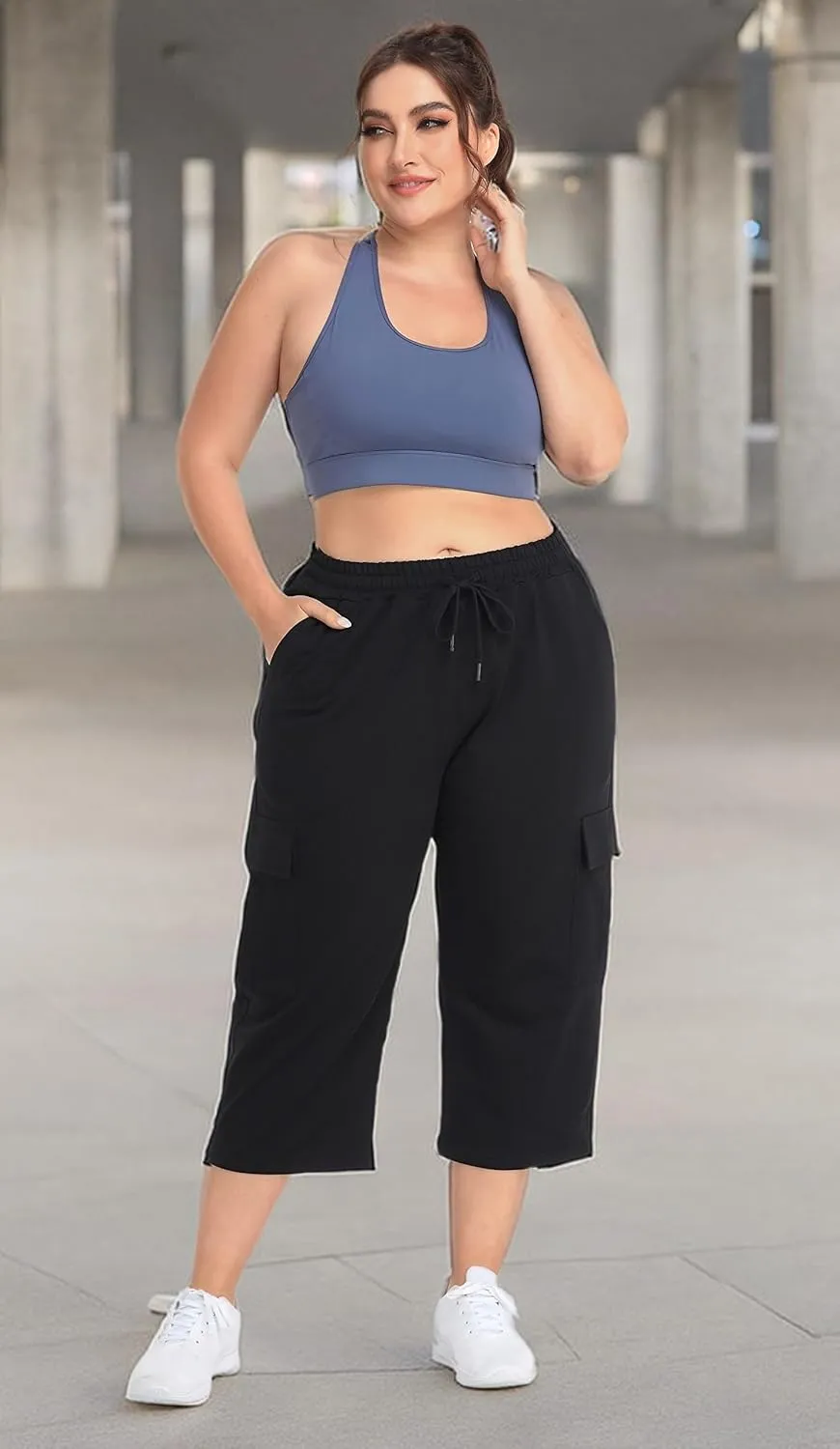 ZERDOCEAN Women's Plus Size Cargo Capri Sweatpants Active Workout Casual Sweat Crop Pants Pockets Drawstring