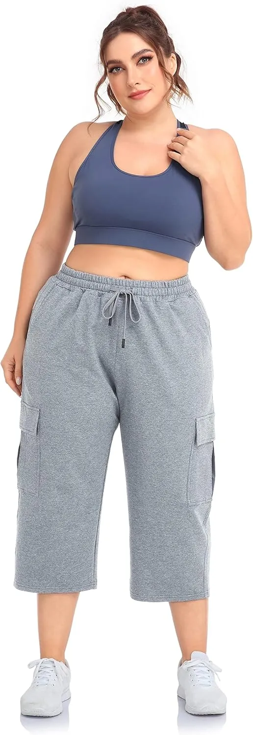 ZERDOCEAN Women's Plus Size Cargo Capri Sweatpants Active Workout Casual Sweat Crop Pants Pockets Drawstring