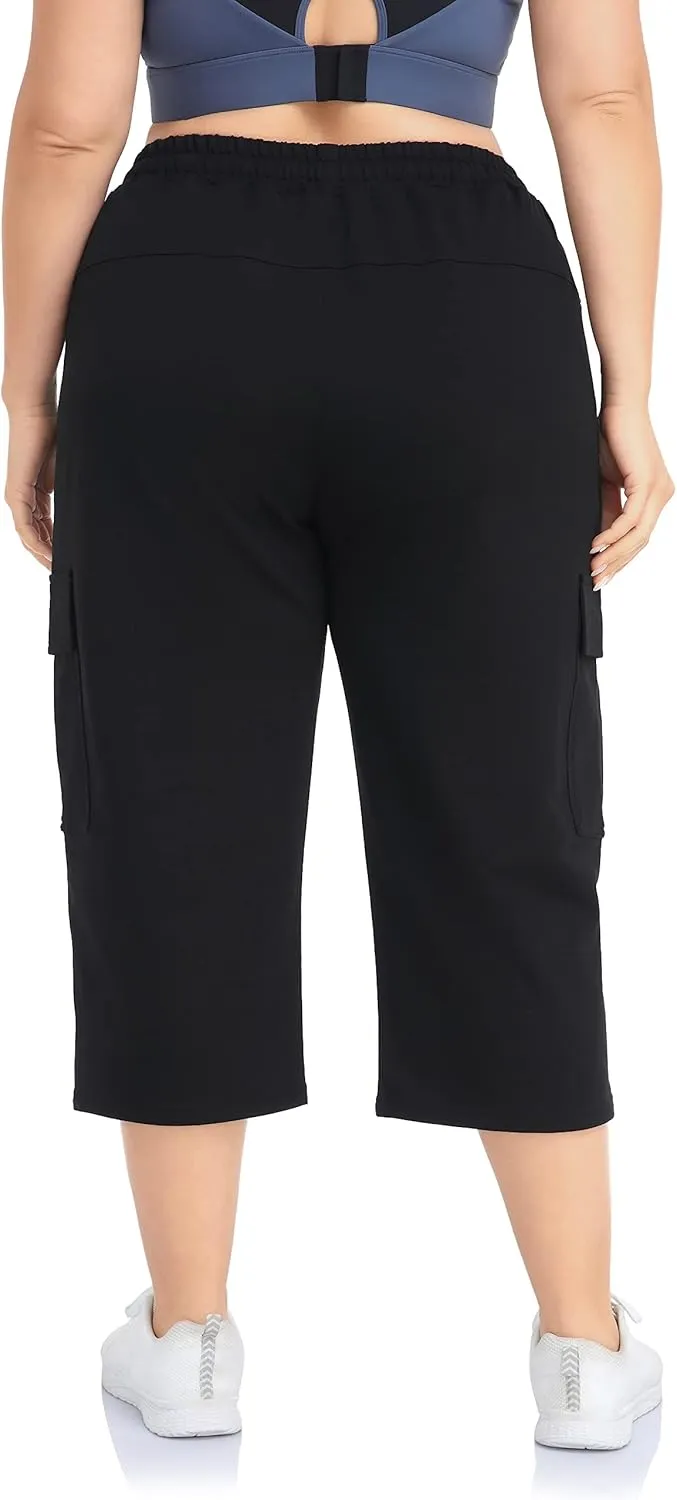 ZERDOCEAN Women's Plus Size Cargo Capri Sweatpants Active Workout Casual Sweat Crop Pants Pockets Drawstring