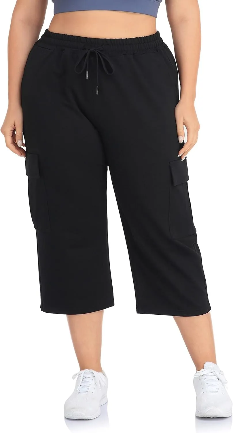ZERDOCEAN Women's Plus Size Cargo Capri Sweatpants Active Workout Casual Sweat Crop Pants Pockets Drawstring