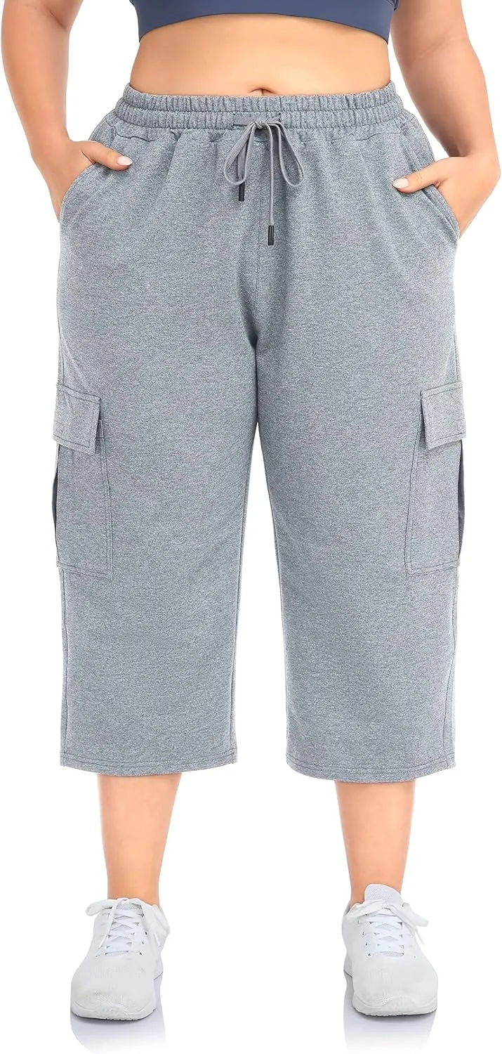 ZERDOCEAN Women's Plus Size Cargo Capri Sweatpants Active Workout Casual Sweat Crop Pants Pockets Drawstring
