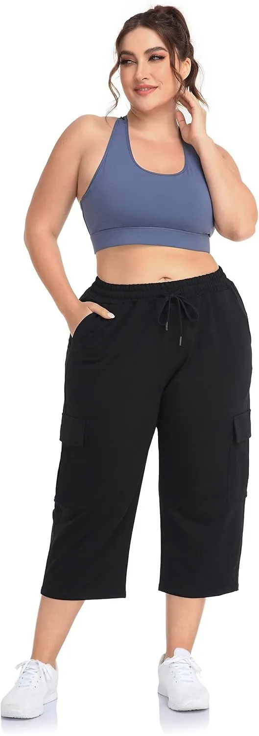 ZERDOCEAN Women's Plus Size Cargo Capri Sweatpants Active Workout Casual Sweat Crop Pants Pockets Drawstring