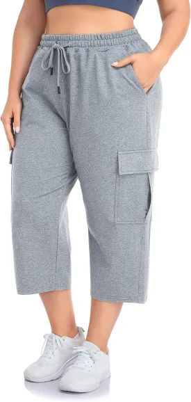 ZERDOCEAN Women's Plus Size Cargo Capri Sweatpants Active Workout Casual Sweat Crop Pants Pockets Drawstring