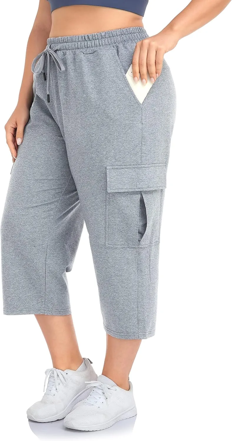 ZERDOCEAN Women's Plus Size Cargo Capri Sweatpants Active Workout Casual Sweat Crop Pants Pockets Drawstring