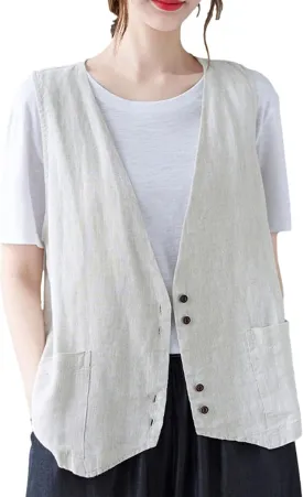 Zontroldy Womens Cotton Linen Vest Casual Loose V Neck Sleeveless Vests Jacket Blazer Waistcoat with Pockets