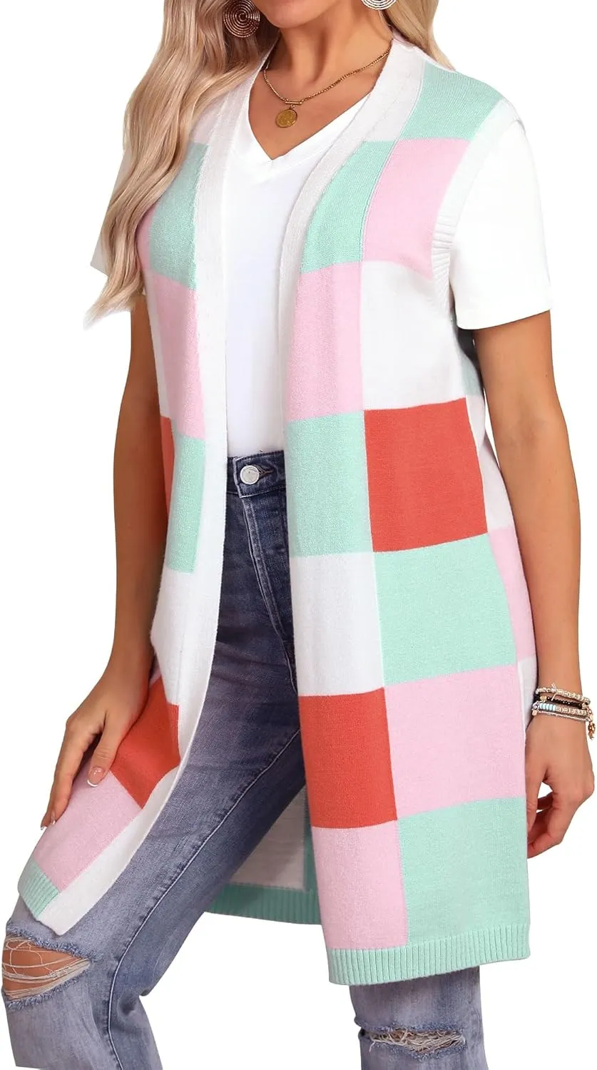 ZXZY Womens Sleeveless Cardigan Fashion Contrast Color Block Plaid Cute Lightweight Knit Long Vest